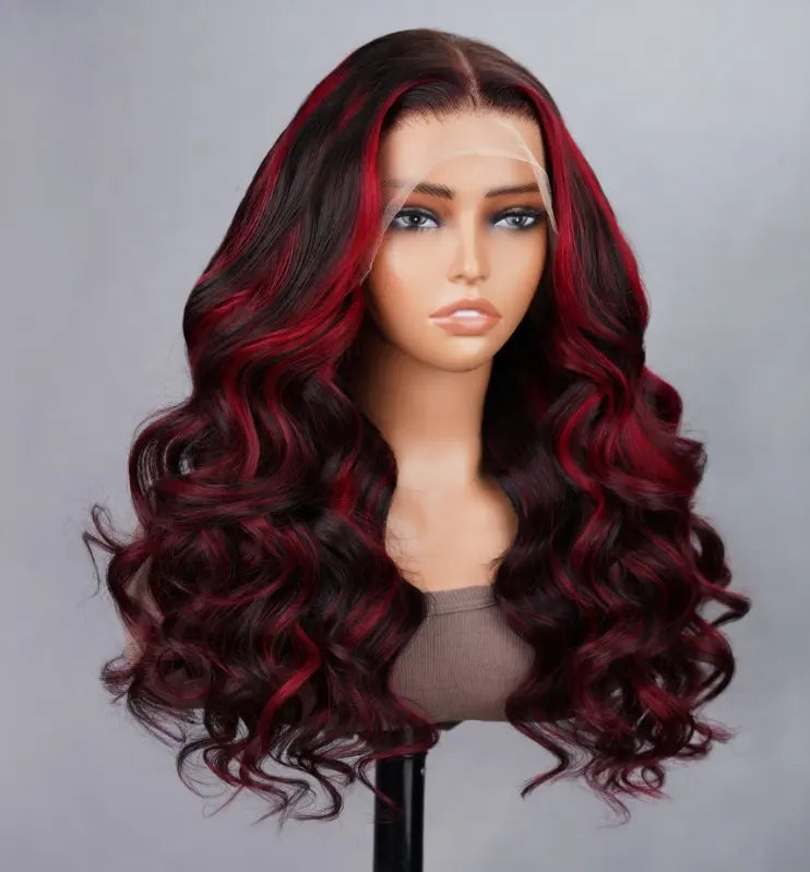 13x4 Lace Front Body Wave Wig - Red Streak Highlights