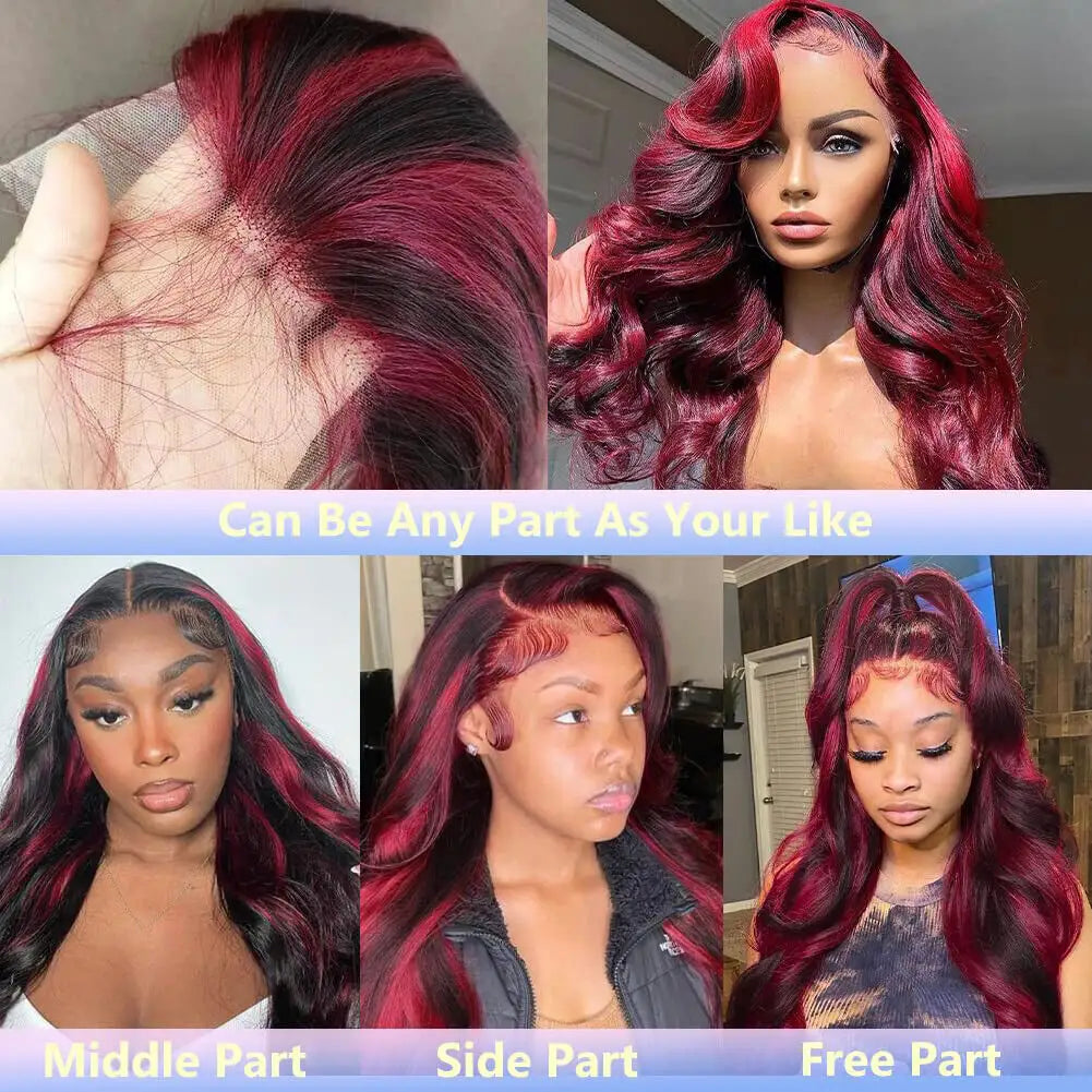 13x4 Lace Front Body Wave Wig - Red Streak Highlights