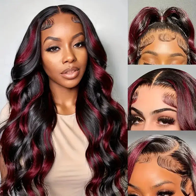 13x4 Lace Front Body Wave Wig - Red Streak Highlights