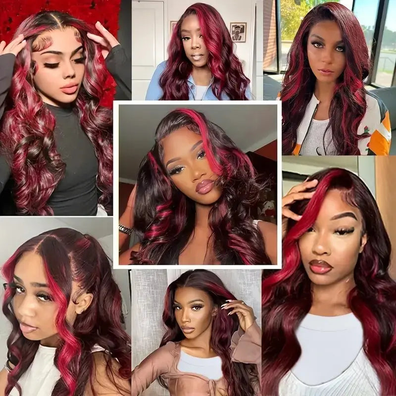 13x4 Lace Front Body Wave Wig - Red Streak Highlights