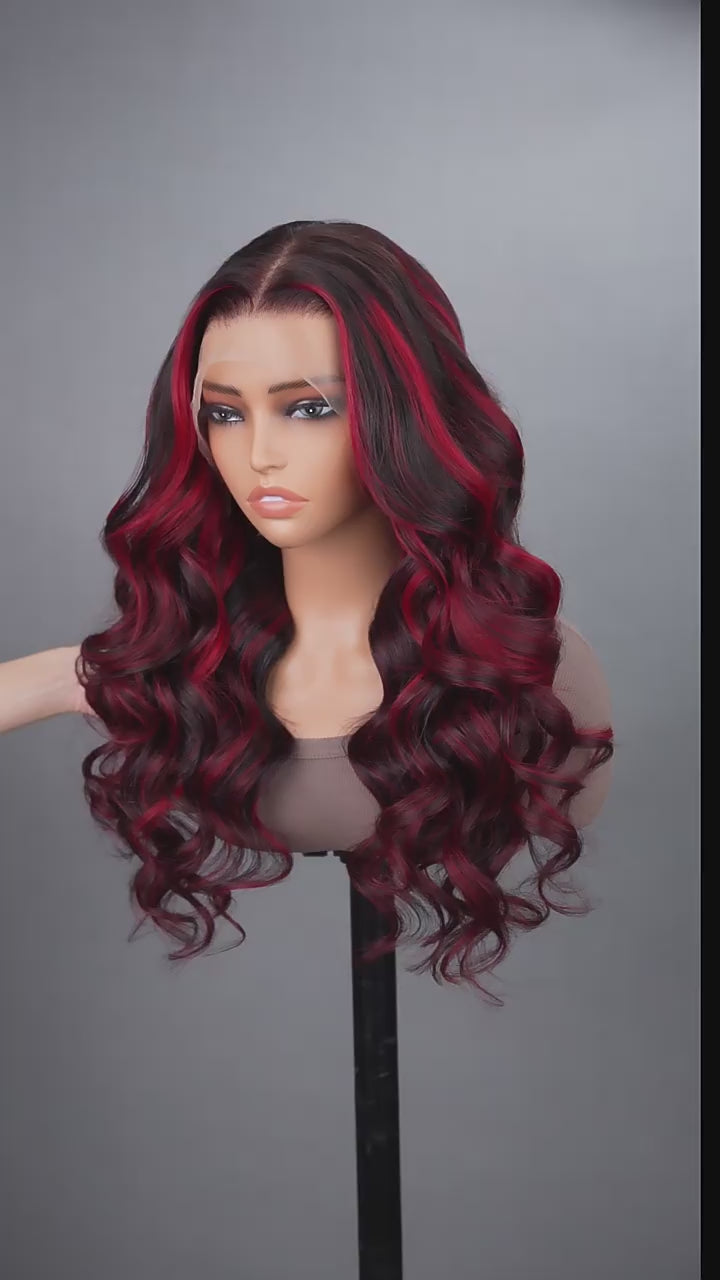 13x4 Lace Front Body Wave Wig - Red Streak Highlights